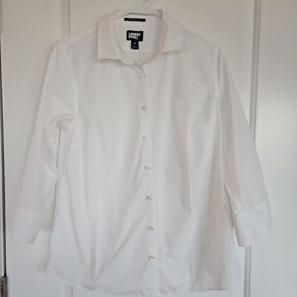 Lands' End Wrinkle Free Broadcloth White 3/4 Sleeve Buttoned Shirt Womens Sz 10 - Picture 1 of 11